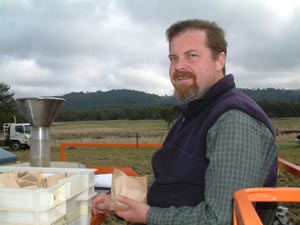 NSW Department of Primary Industries researcher, Dr Steven Simpfendorfer, sows the trial near Coolah to test the resistance of commercial wheat varieties to wheat streak mosaic virus.