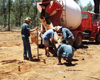 Soil treated with termiticide is placed around a specimen post at a trial site near Narrandera.