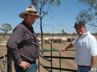 Bourke grazier Tony Thompson and NSW DPI e-sheep researcher Bill Murray inspect the remote walk-through weighing yard.